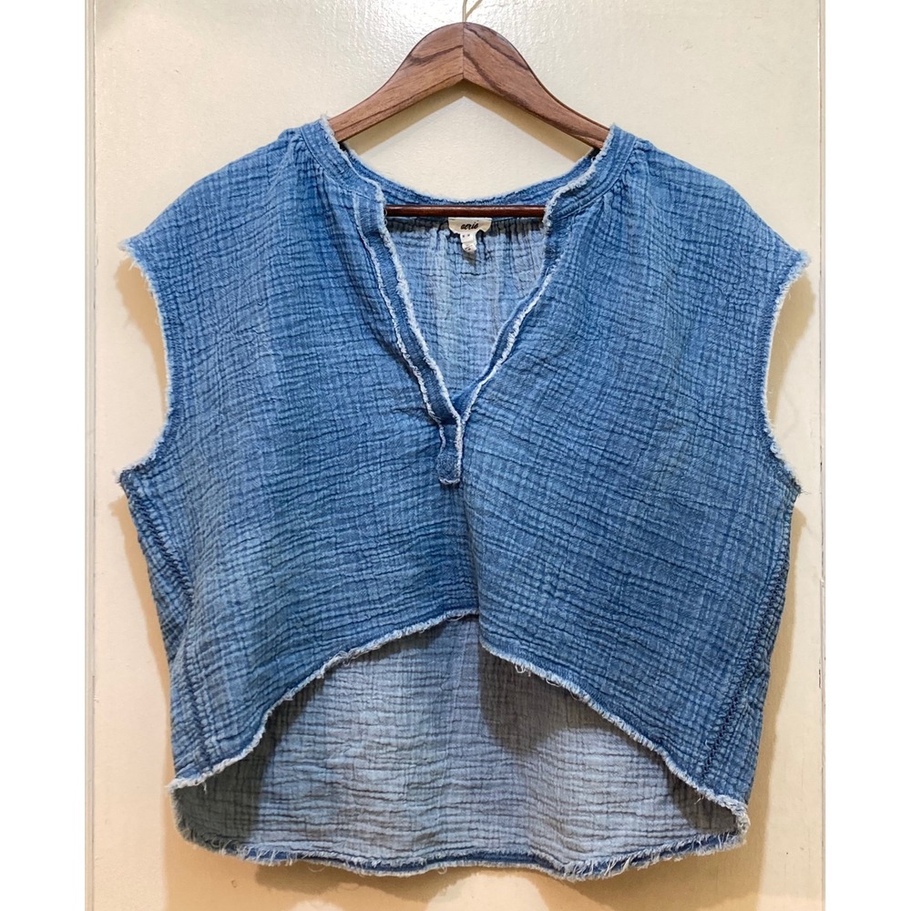 Aerie Double Gauze Crinkle Top M Sleeveless High Low Raw Hem Boho Coastal Beach